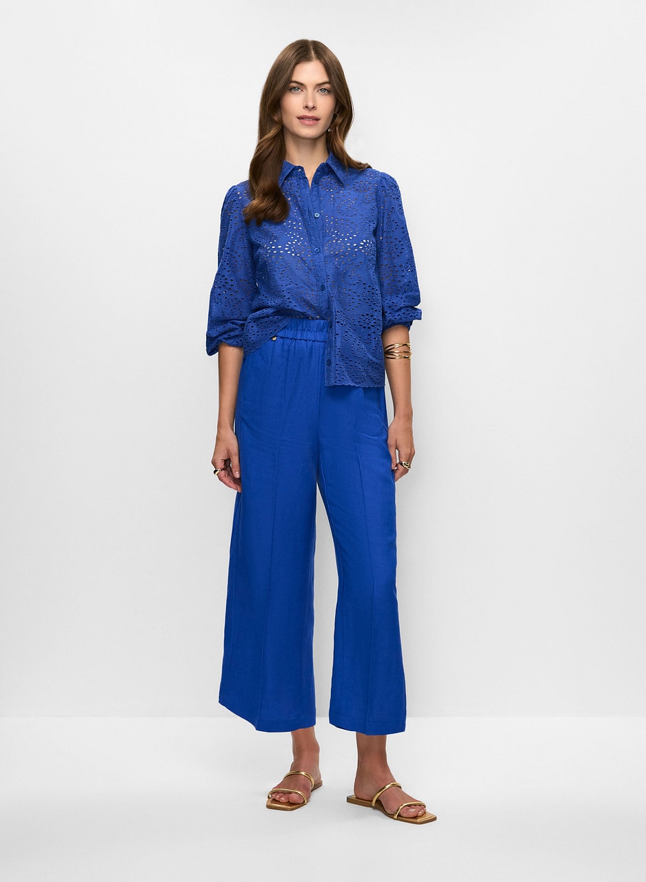 Button-Front Eyelet Blouse & Linen-Blend Culotte Pants