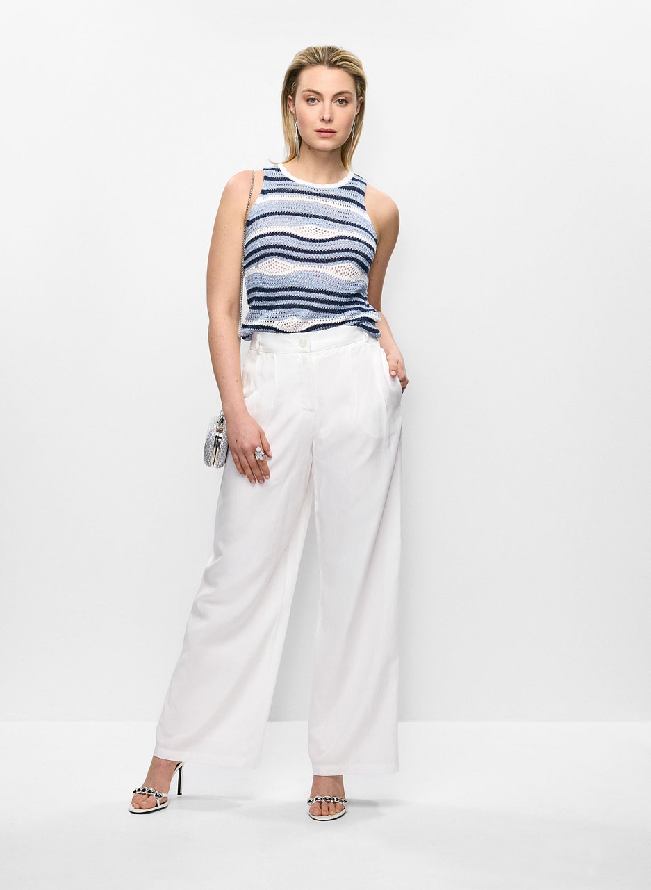 Striped Sleeveless Open-Knit Top & Tencel-Linen Wide Leg Pants