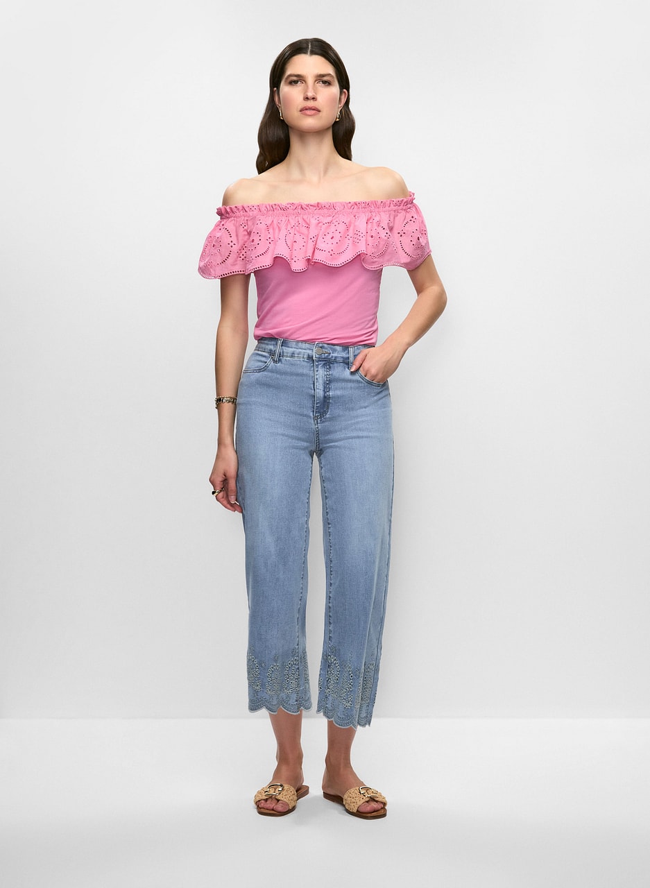 Off-the-Shoulder Eyelet Top & Embroidered Hem Jeans