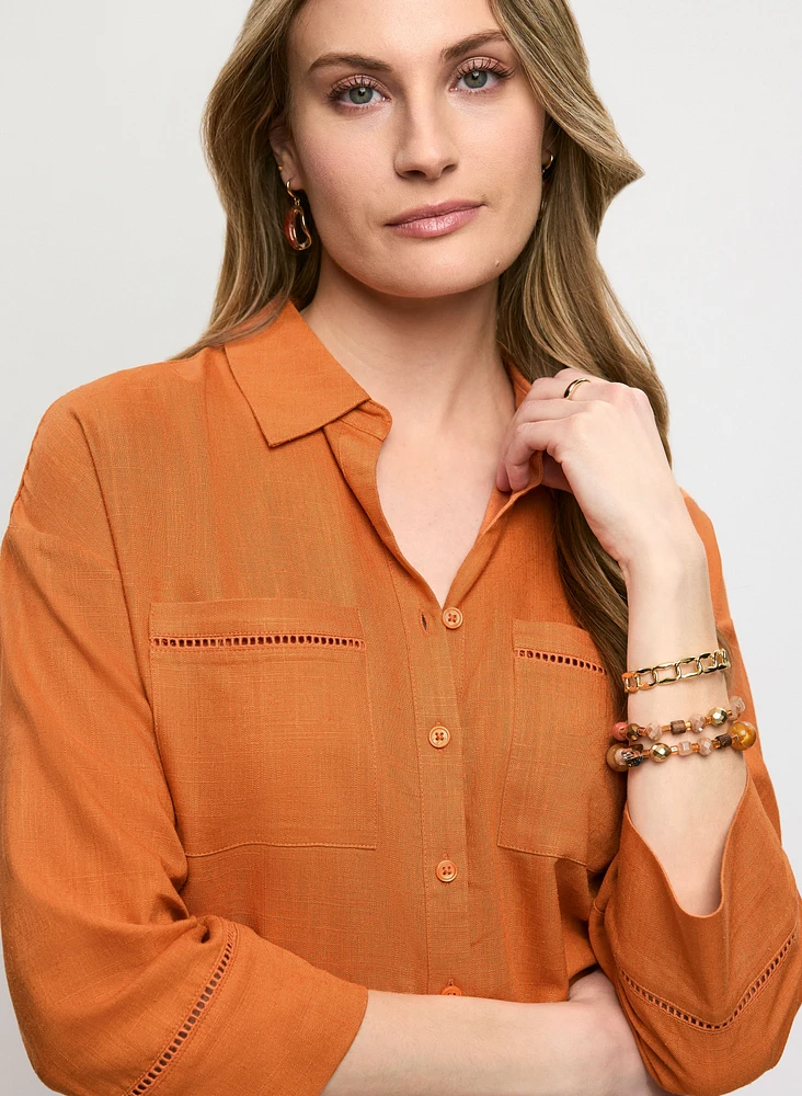 Linen-Blend Openwork Detail Blouse