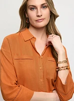 Linen-Blend Openwork Detail Blouse