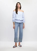 Off-the-Shoulder Striped Blouse & Embroidered Hem Jeans