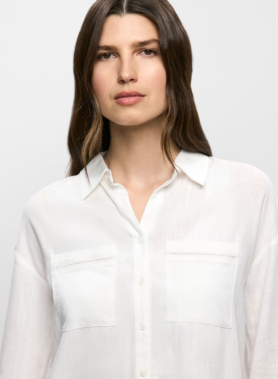 Linen-Blend Openwork Detail Blouse