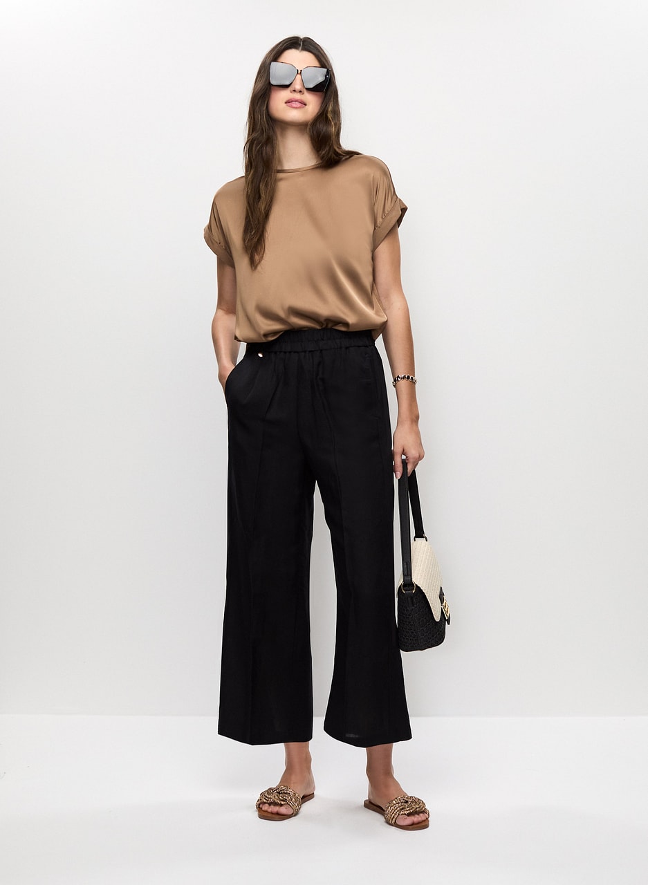 Pull-On Linen-Blend Culotte Pants