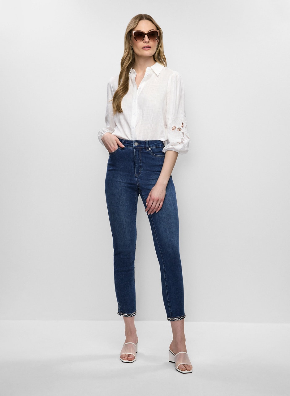 Embroidered Button-Down Blouse & Slim Leg Denim Capris