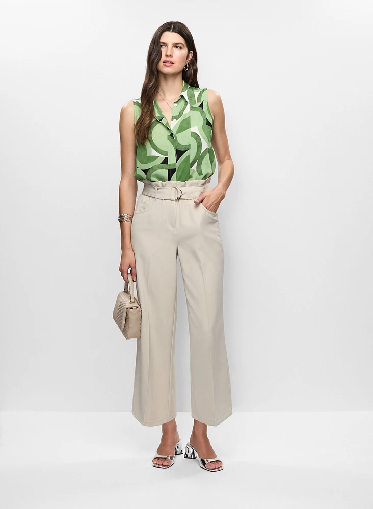 Sleeveless Geometric Print Blouse & High-Rise Belted Pants