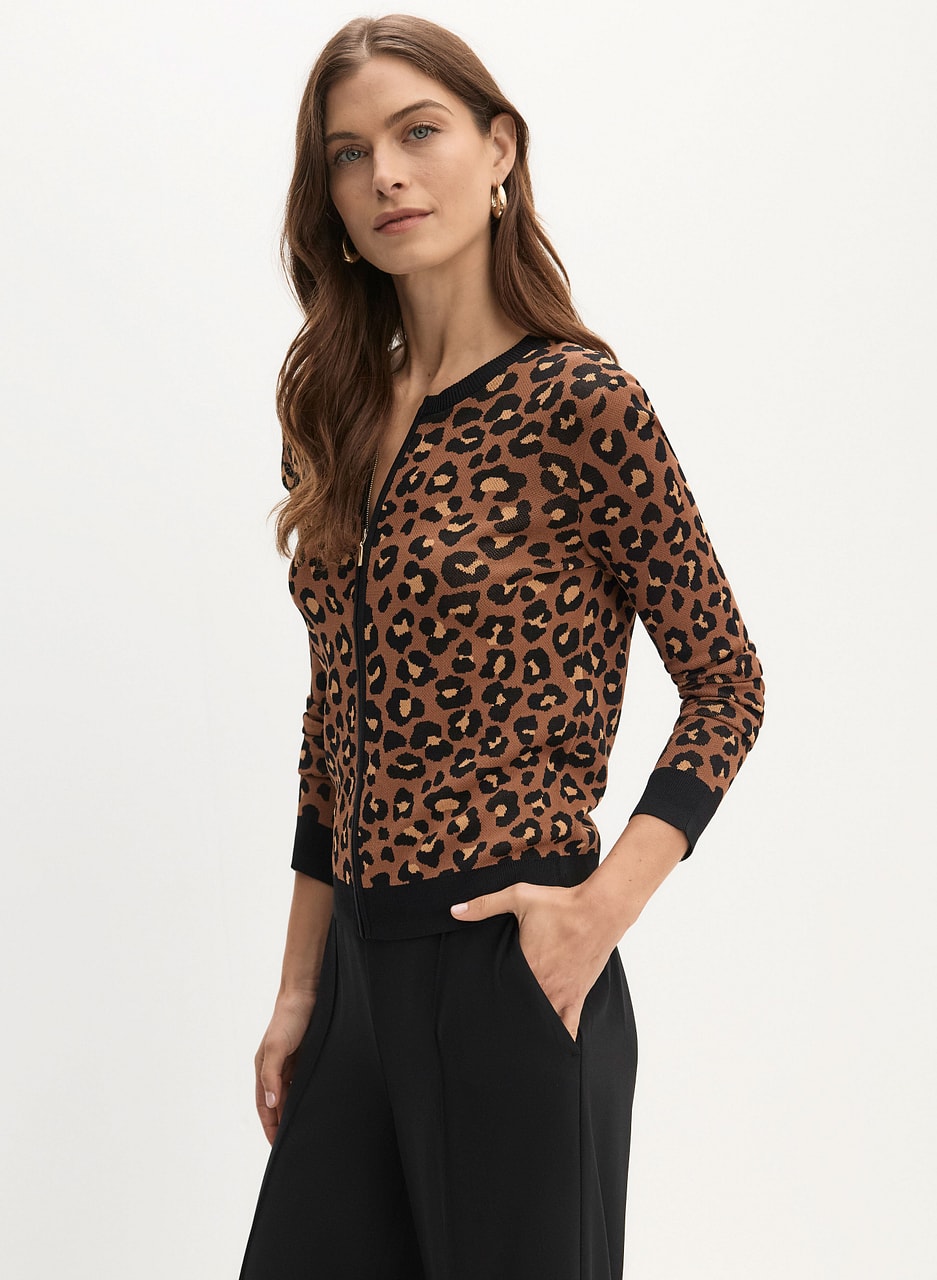 Zip Front Leopard Print Cardigan
