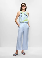 Sleeveless Palm Print Blouse & Pull-On Linen-Blend Culotte Pants