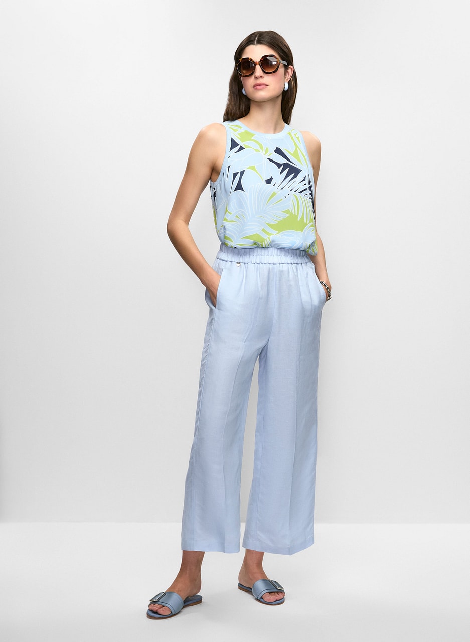 Sleeveless Palm Print Blouse & Pull-On Linen-Blend Culotte Pants