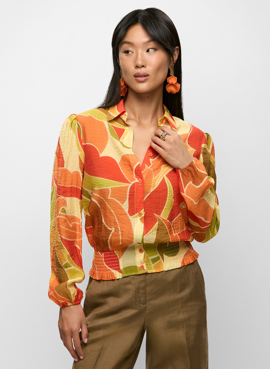 Tropical Smocked-Waist Blouse