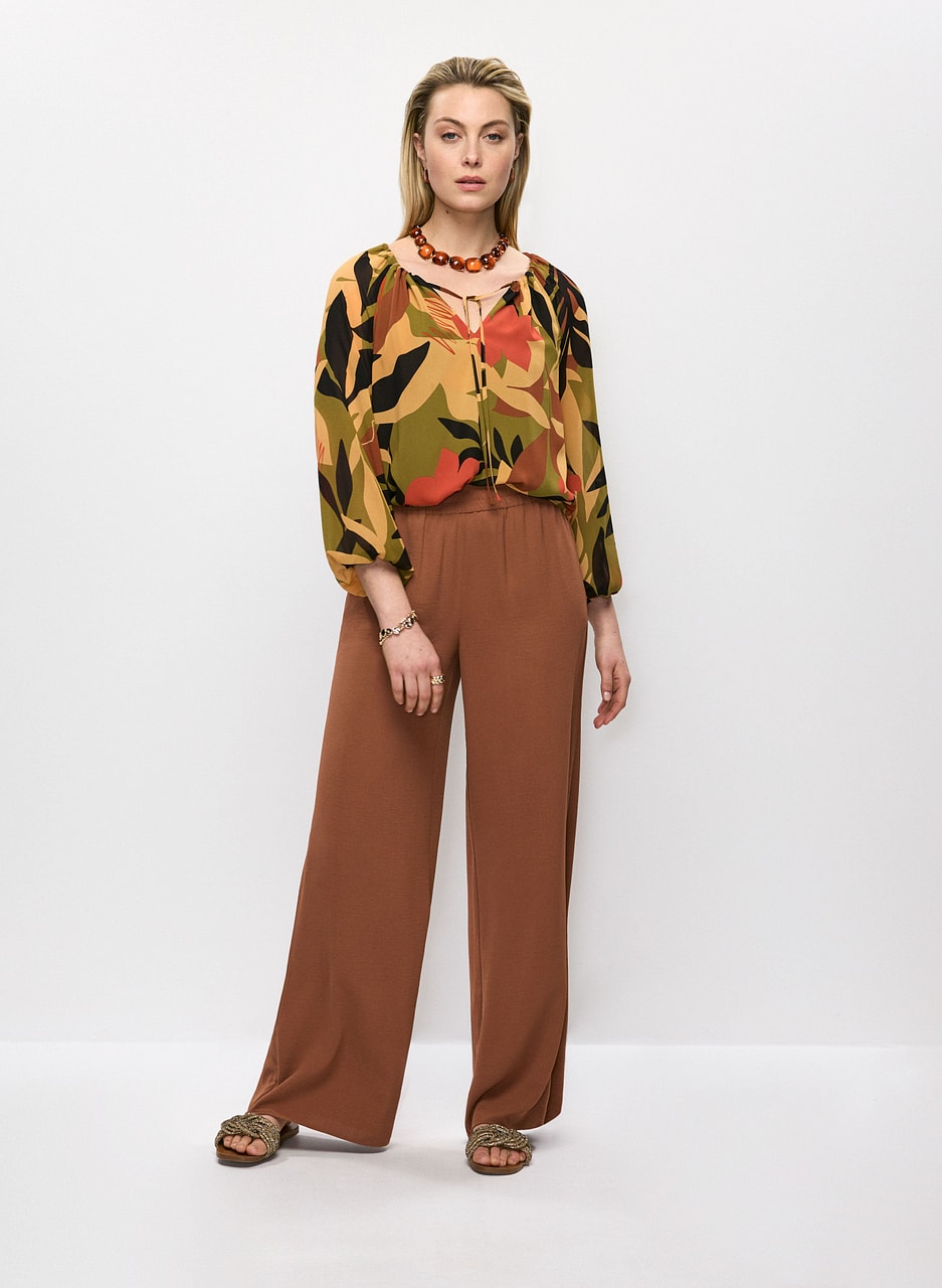 Tropical Print Tie Neck Blouse & Wide Leg Pants