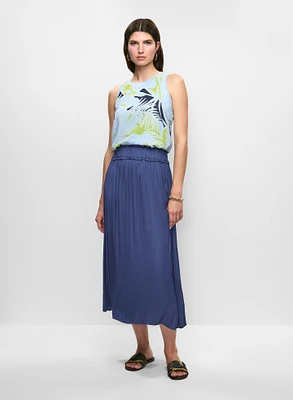 Sleeveless Palm Print Blouse & Pleated Maxi Skirt