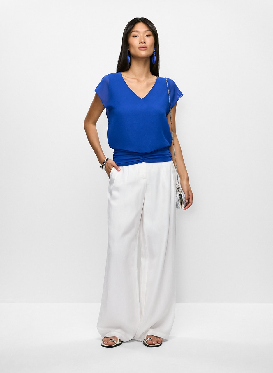 V-Neck Chiffon Blouse & Linen-Tencel Blend Pants