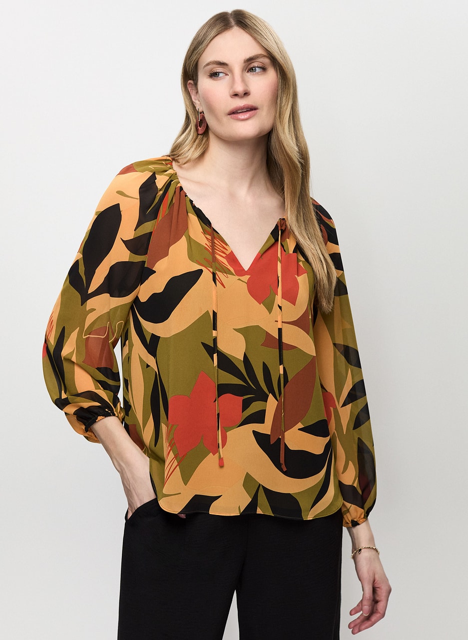 Tropical Print Tie Neck Blouse