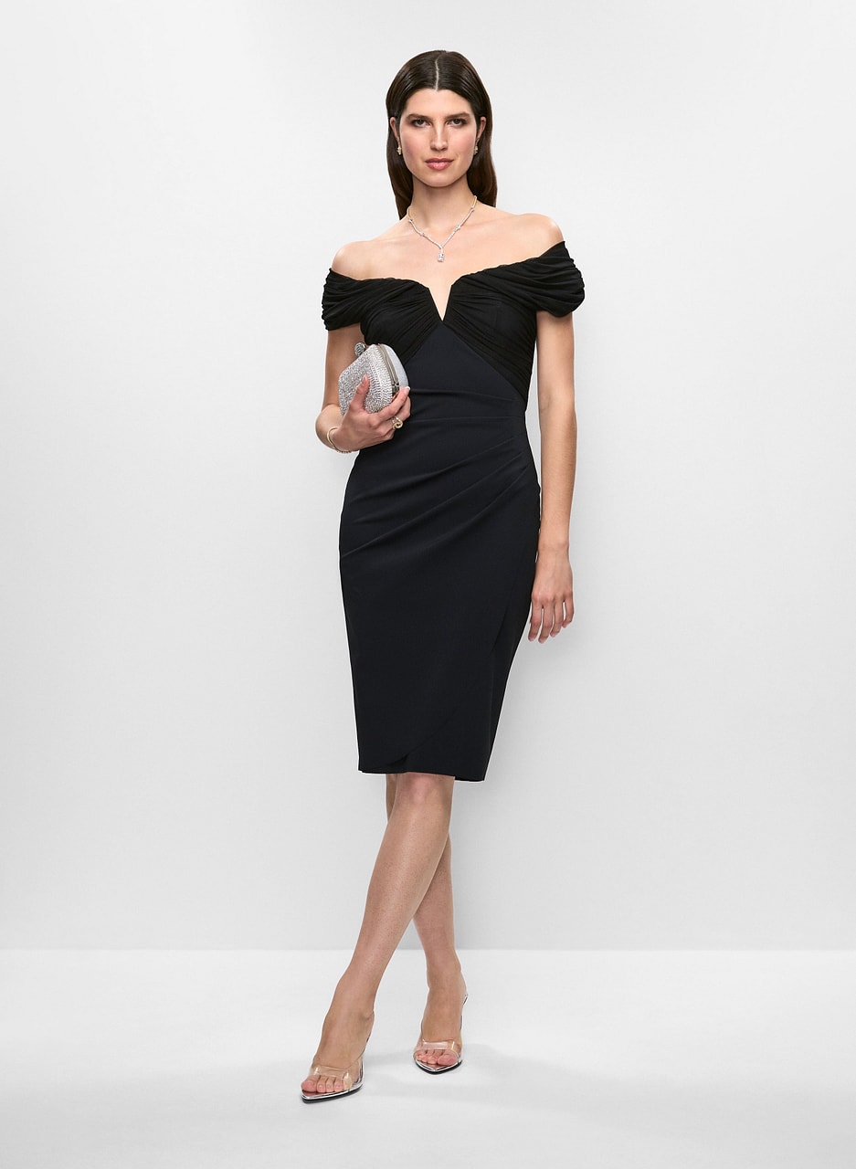 Betsy & Adam - Mesh Insert Off-the-Shoulder Dress