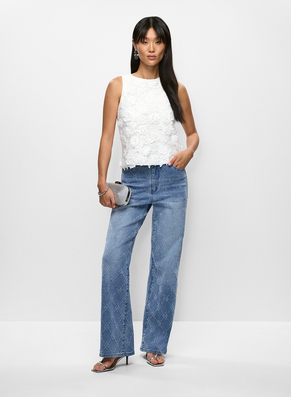 Lace Insert Sleeveless Top & Distressed Detail Wide Leg Jeans