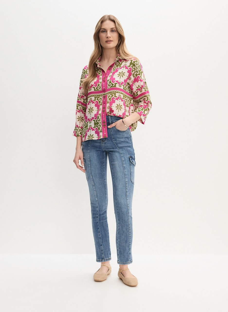 Abstract Print Blouse & Slim Leg Cargo Jeans