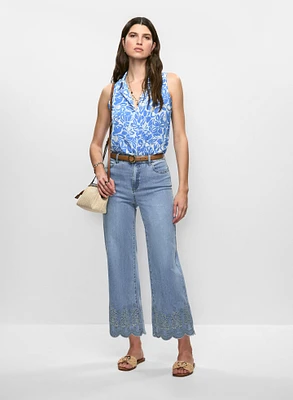 Sleeveless Floral Crepe Blouse & Embroidered Hem Jeans