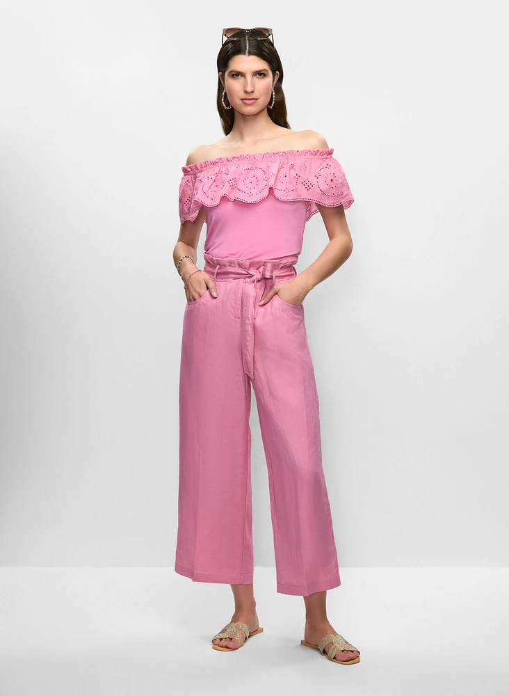 Off-the-Shoulder Eyelet Top & Linen Cropped Pants