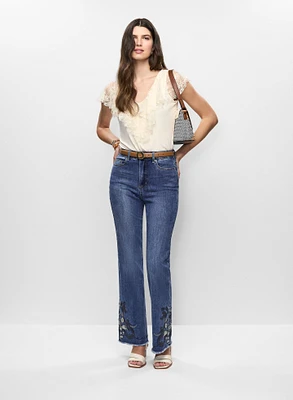 Ruffle V-Neck Top & Embroidered Hem Jeans