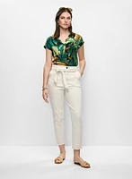 Palm Print Drawstring Hem Blouse & Tie-Waist Denim Pants