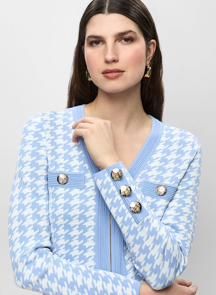 Zip Front Houndstooth Cardigan