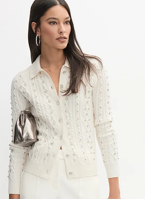 Embellished Knit Polo Cardigan