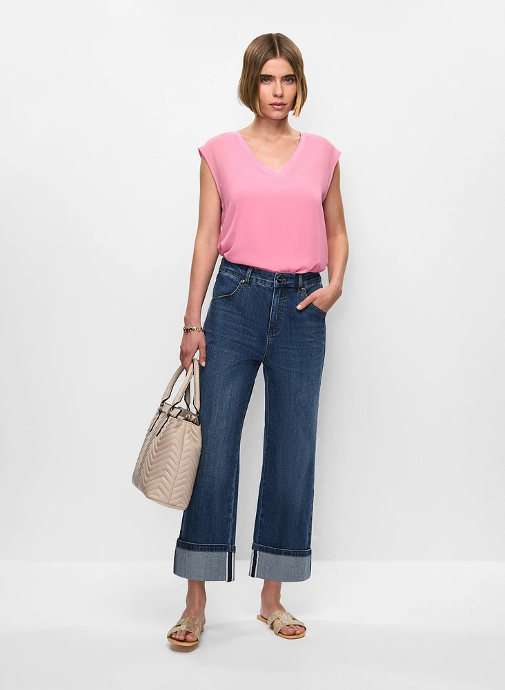 V-Neck Blouse & Rolled Hem Jeans