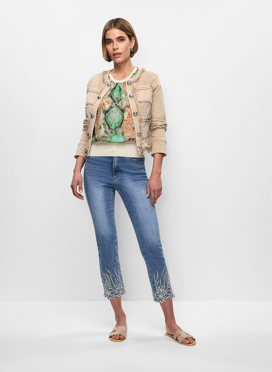 Fringe Denim Jacket & Embroidered Straight Leg Jeans