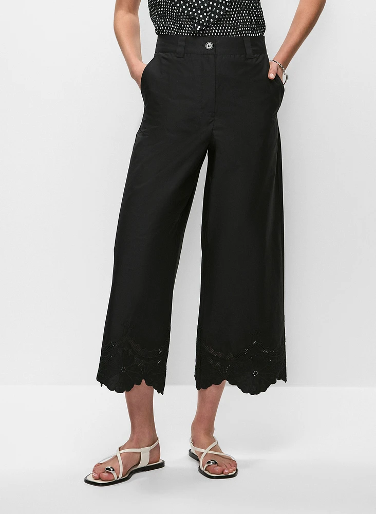 Embroidered Cropped Wide-Leg Pants