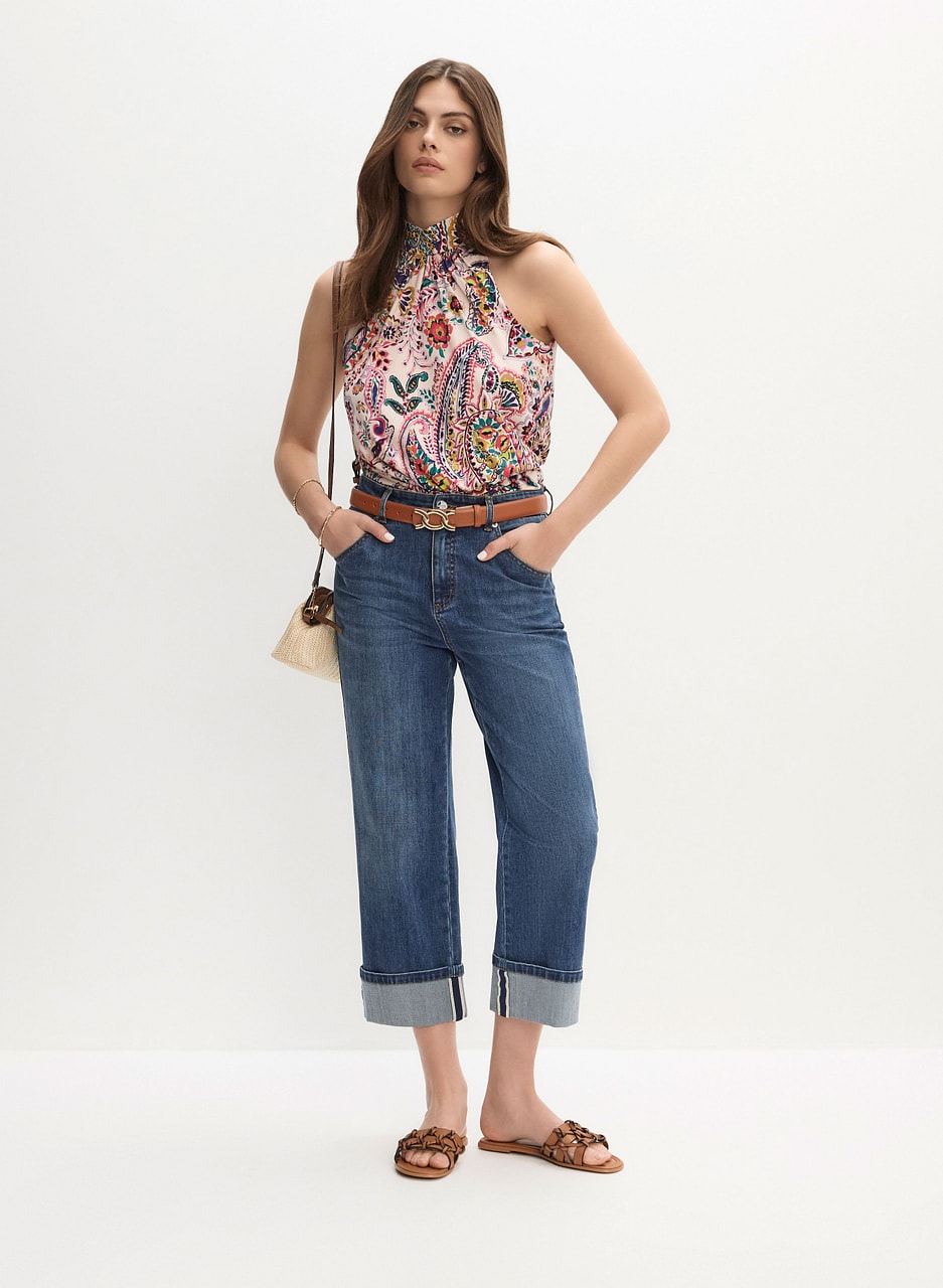 Halter Neck Paisley Print Top & Rolled Hem Culotte Jeans