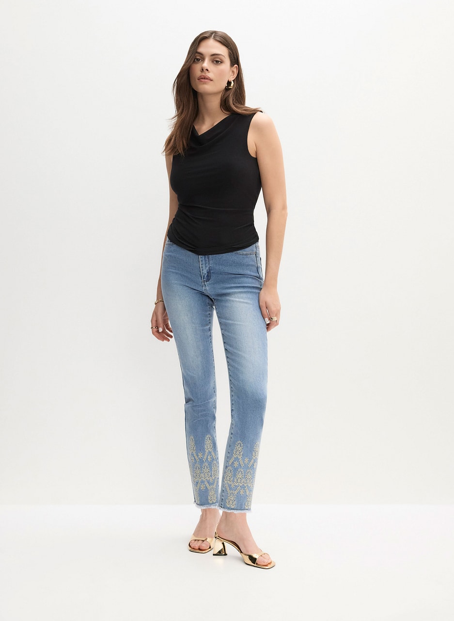 Sleeveless Cowl Neck Top & Embellished Slim Leg Jeans