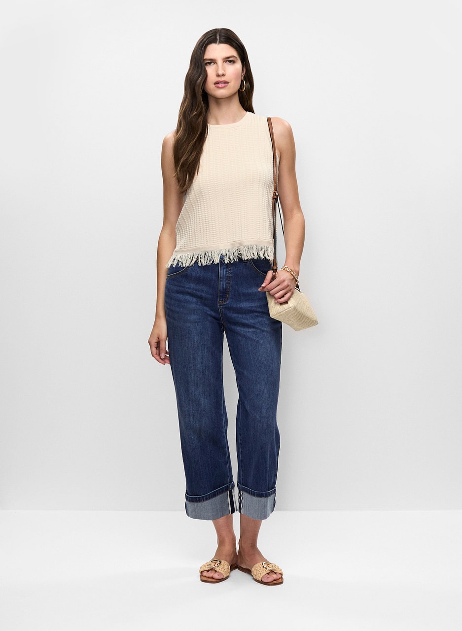 Fringed Crochet Knit Tank & Rolled Hem Culotte Jeans