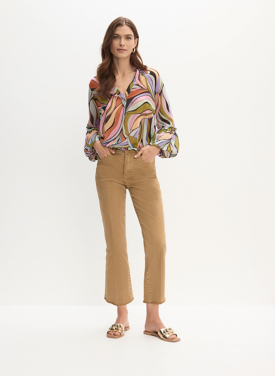 Leaf Print Chiffon Blouse & Straight Leg Jeans