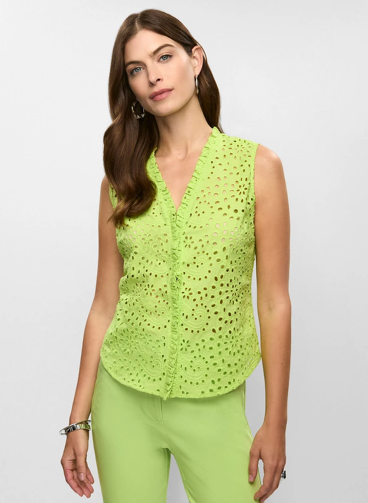 Frilled Sleeveless Eyelet Blouse