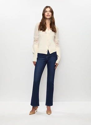 Pointelle Knit Polo Cardigan & Flare Leg Jeans