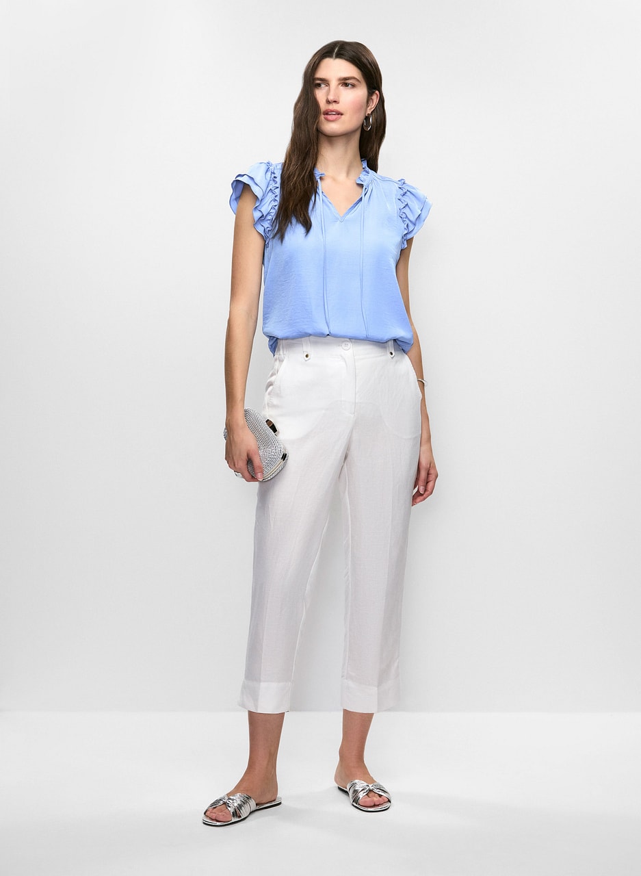 Satin Ruffle Blouse & Linen-Blend Capri Pants