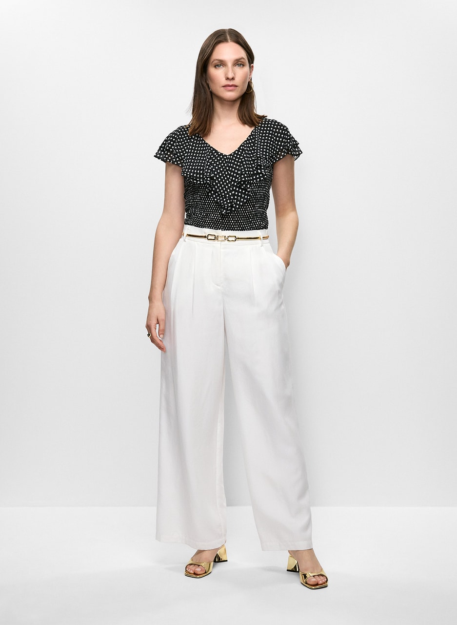 Ruffled Polka Dot Blouse & Linen-Tencel Blend Pants