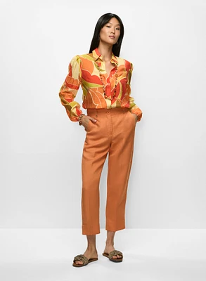 Tropical Smocked-Waist Blouse & Linen-Blend Capri Pants