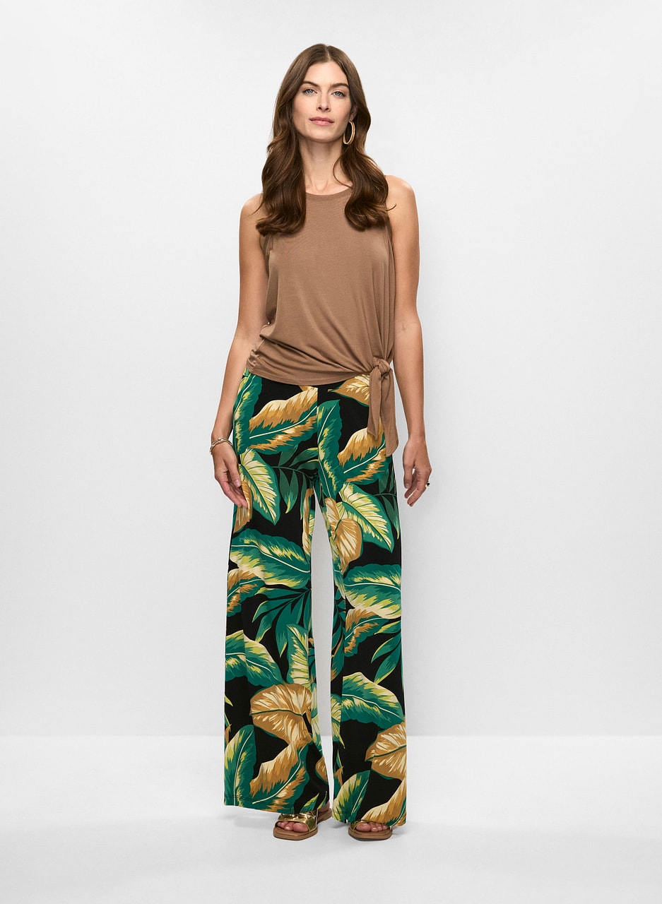 Tie Hem Tank Top & Leaf Print Pants