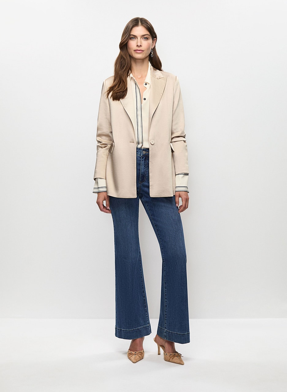 Satin Single-Button Jacket & Flare Leg Jeans