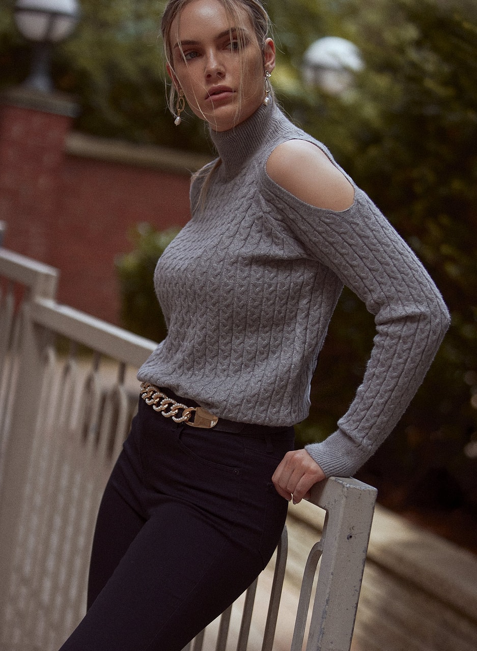 Cold Shoulder Cable Knit Sweater