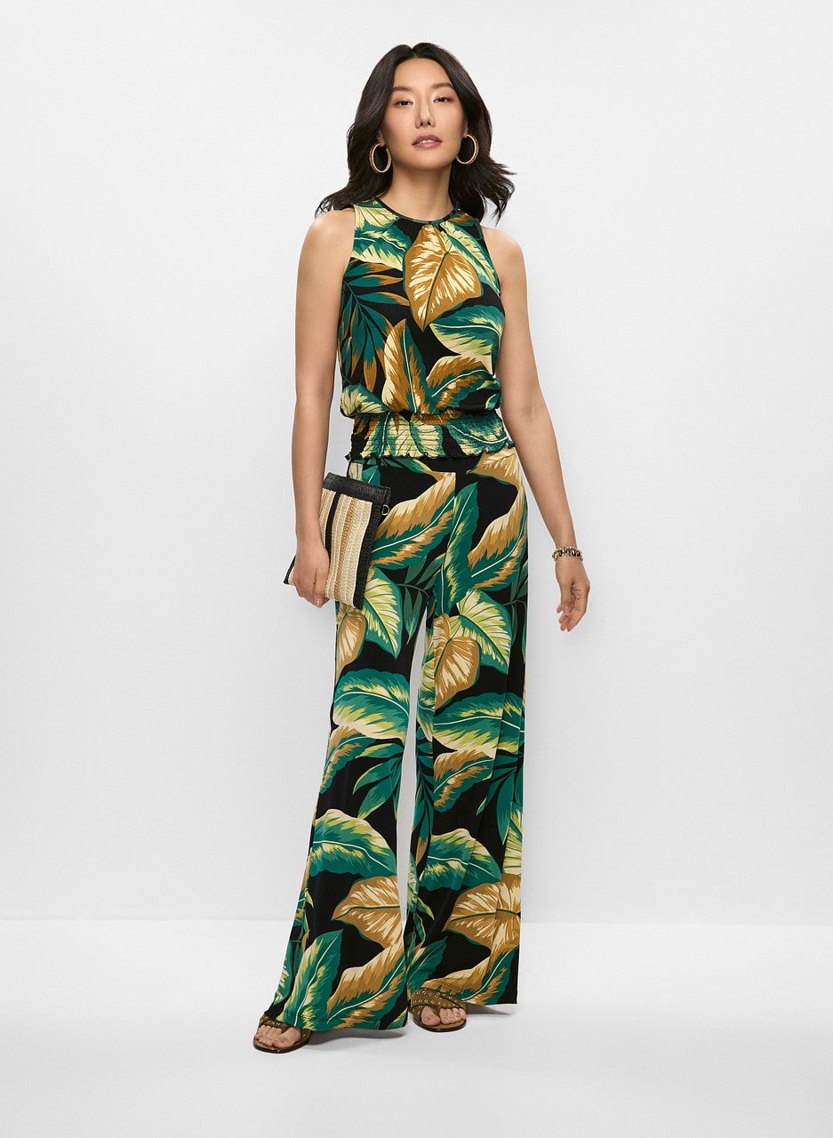 Palm Print Top & Wide-Leg Pants