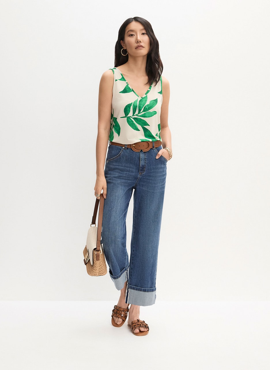 Sleeveless Leaf Print T-Shirt & Rolled Hem Culotte Jeans