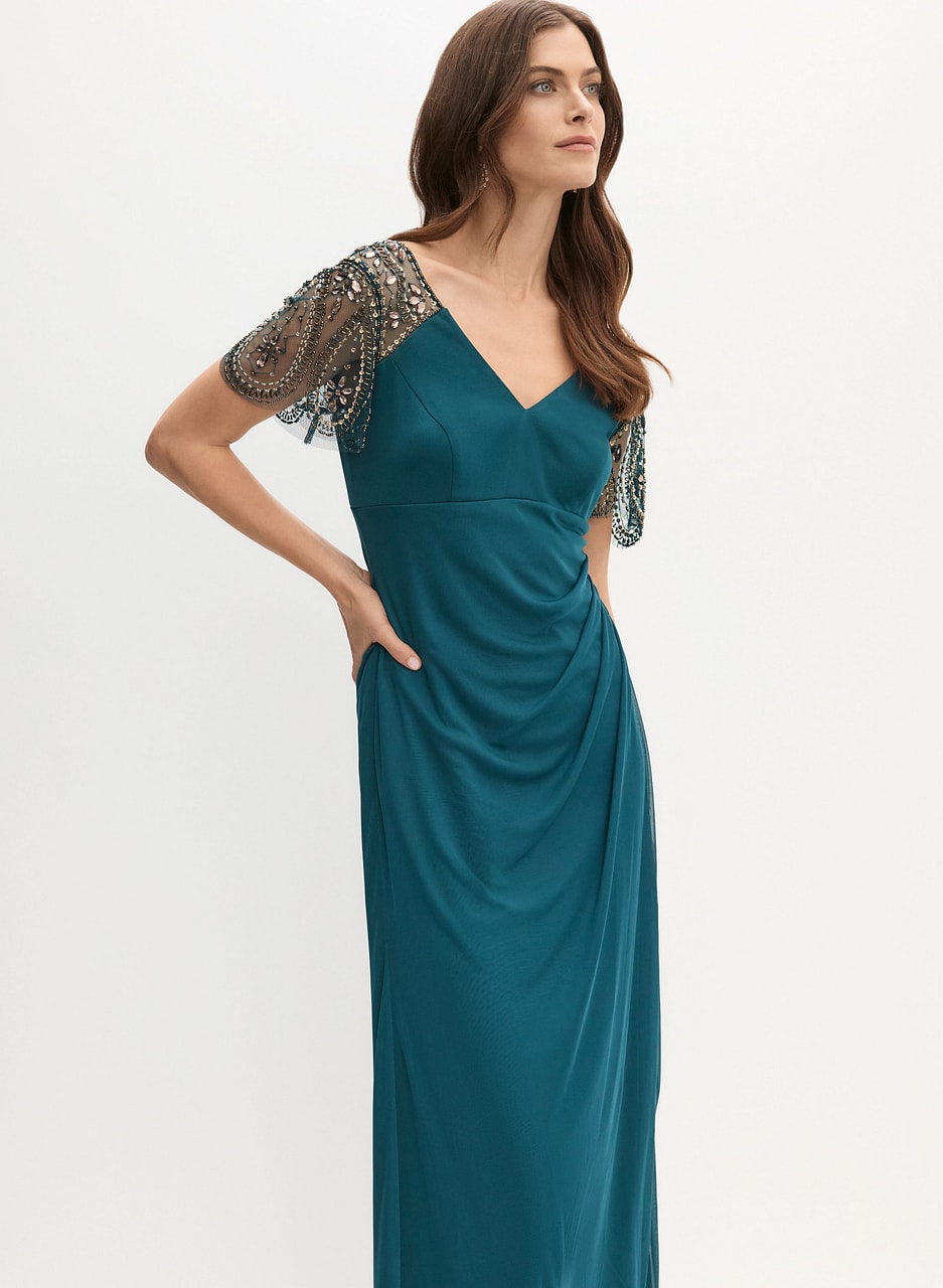 BA Nites - Beaded Sleeve Evening Dress