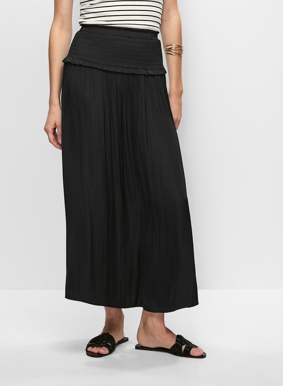 Shirred Waist Satin Maxi Skirt