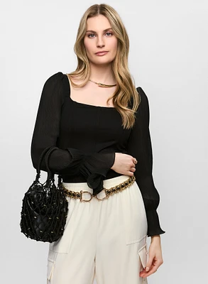 Square Neck Pleated Sleeve Top
