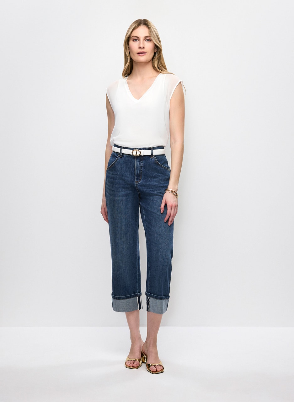 V-Neck Chiffon Blouse & Rolled Hem Jeans