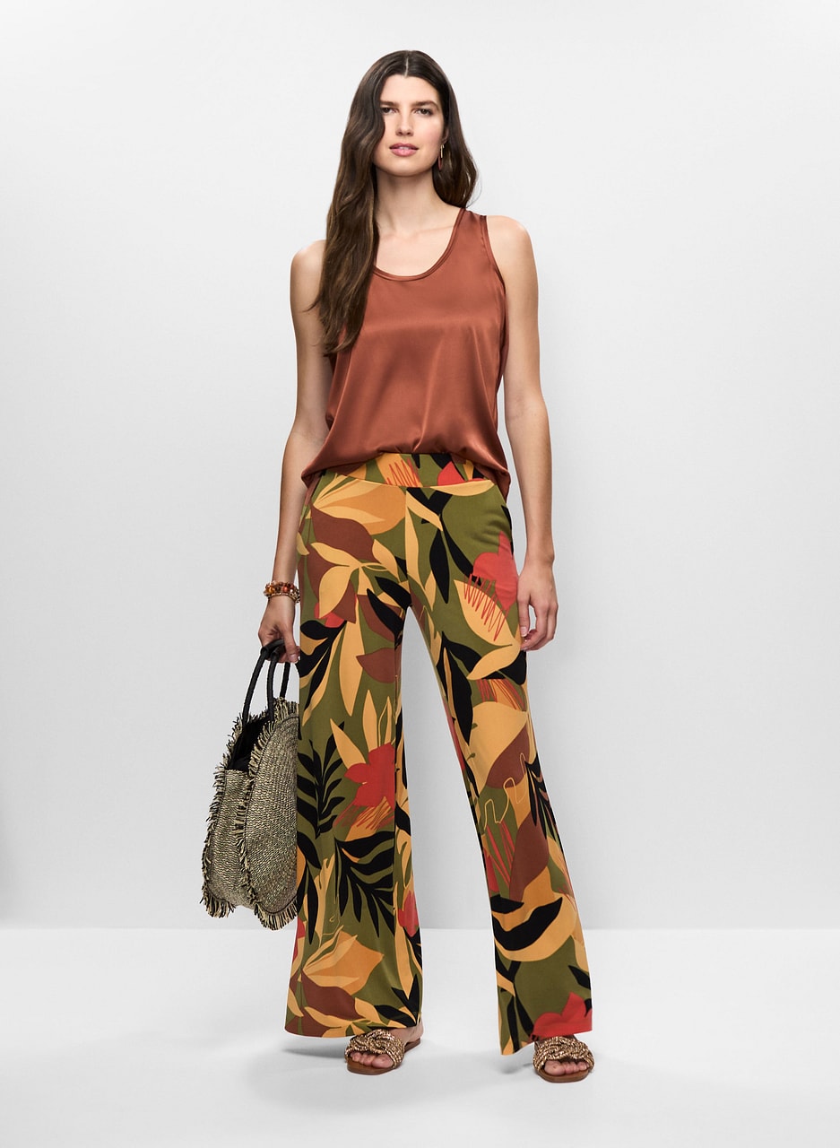 Satin Sleeveless Top & Tropical Print Flare Leg Pants