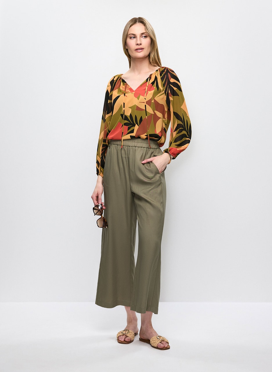 Tropical Print Tie Neck Blouse and culotte Pants